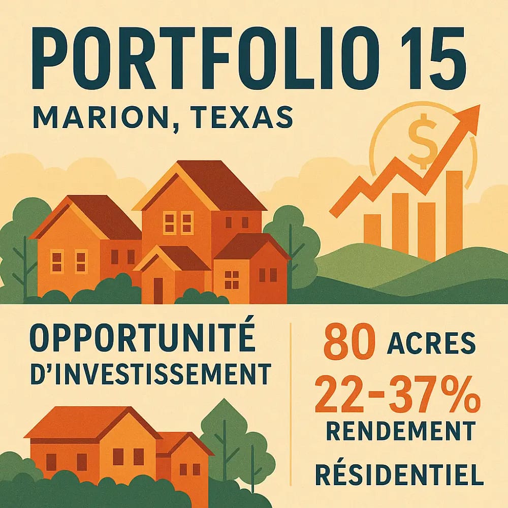 Portfolio 15 em Marion, Texas: ilustração estilizada representando uma oportunidade de investimento para o Portfolio 15 em Marion, Texas, com casas residenciais e gráficos financeiros.