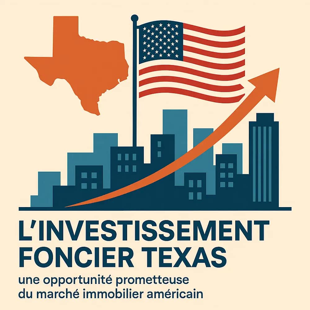 Investissement foncier Texas — illustration représentant la croissance du marché immobilier avec skyline, flèche ascendante et drapeau américain