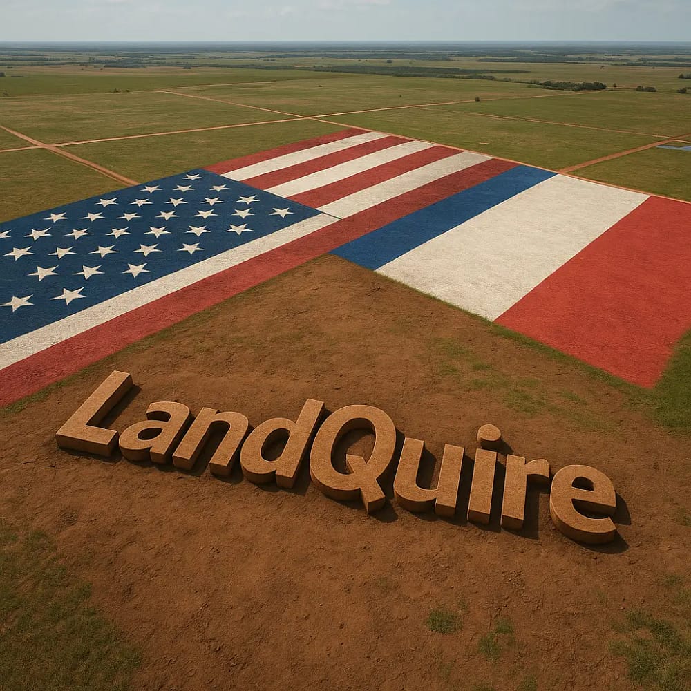 Foncier Texas Floride: vista aérea ilustrando os territórios terrestres com o logotipo da LandQuire incrustado e as bandeiras francesa e americana