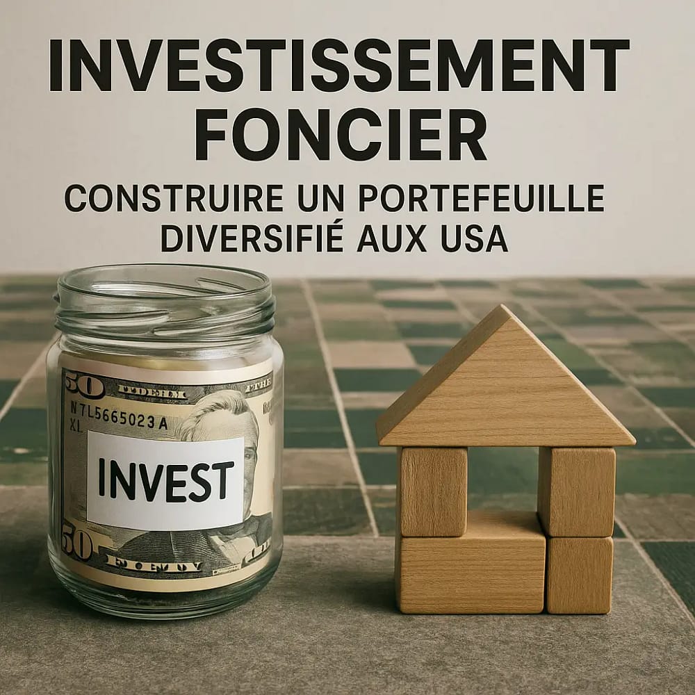Real Estate Investment in the United States: Dollar bills in a jar and a wooden house on a plot map