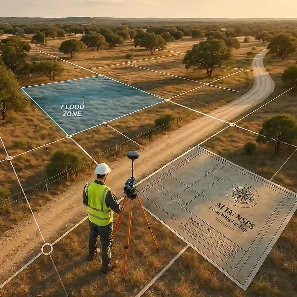 Levantamento de terrenos ALTA - Levantamento de terrenos ALTA/NSPS no Texas mostrando limites, servidões, acesso e zonas FEMA a partir de uma vista aérea