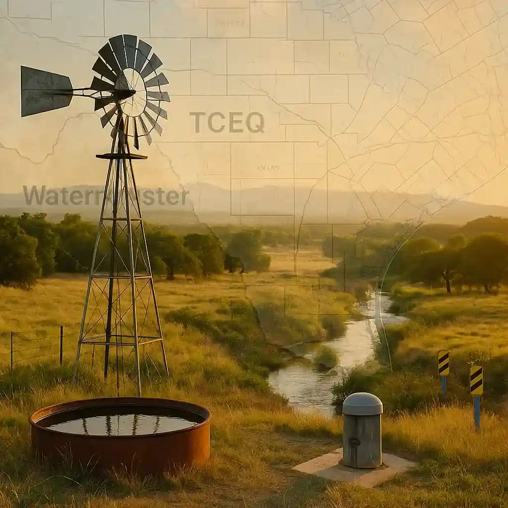Direitos de água do Texas - vista aérea com zonas FEMA, limites GCD, ponto de amostragem TCEQ, Watermaster e poços em terrenos residenciais