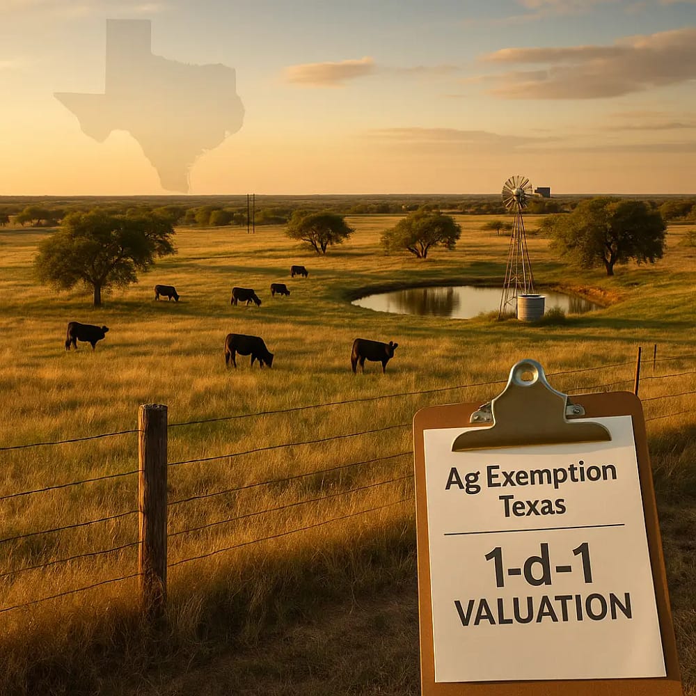 Ag exemption Texas: fazenda com pasto, cercas, rebanho, poço de água e turbina eólica ilustrando a avaliação agrícola 1-d-1