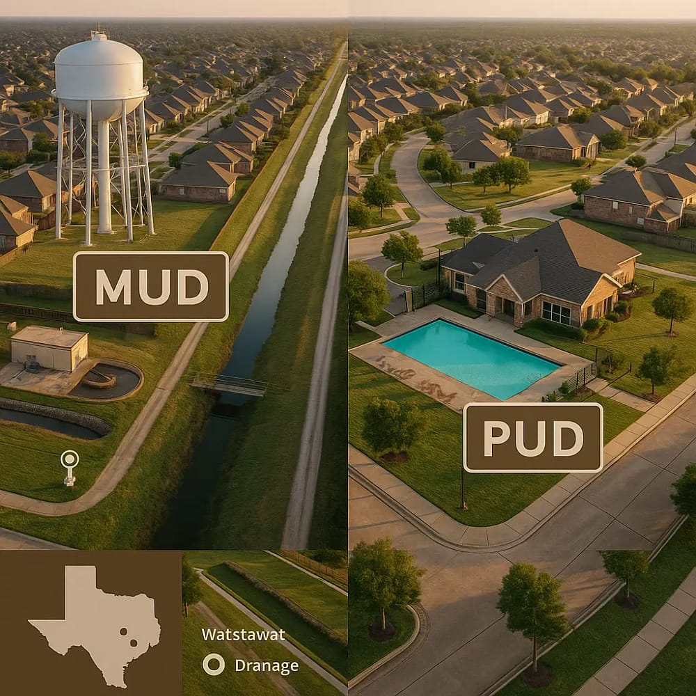 MUD e PUD - vista aérea de um conjunto habitacional do Texas ilustrando os limites do distrito, as redes (água/esgoto/drenagem) e o perímetro do HOA