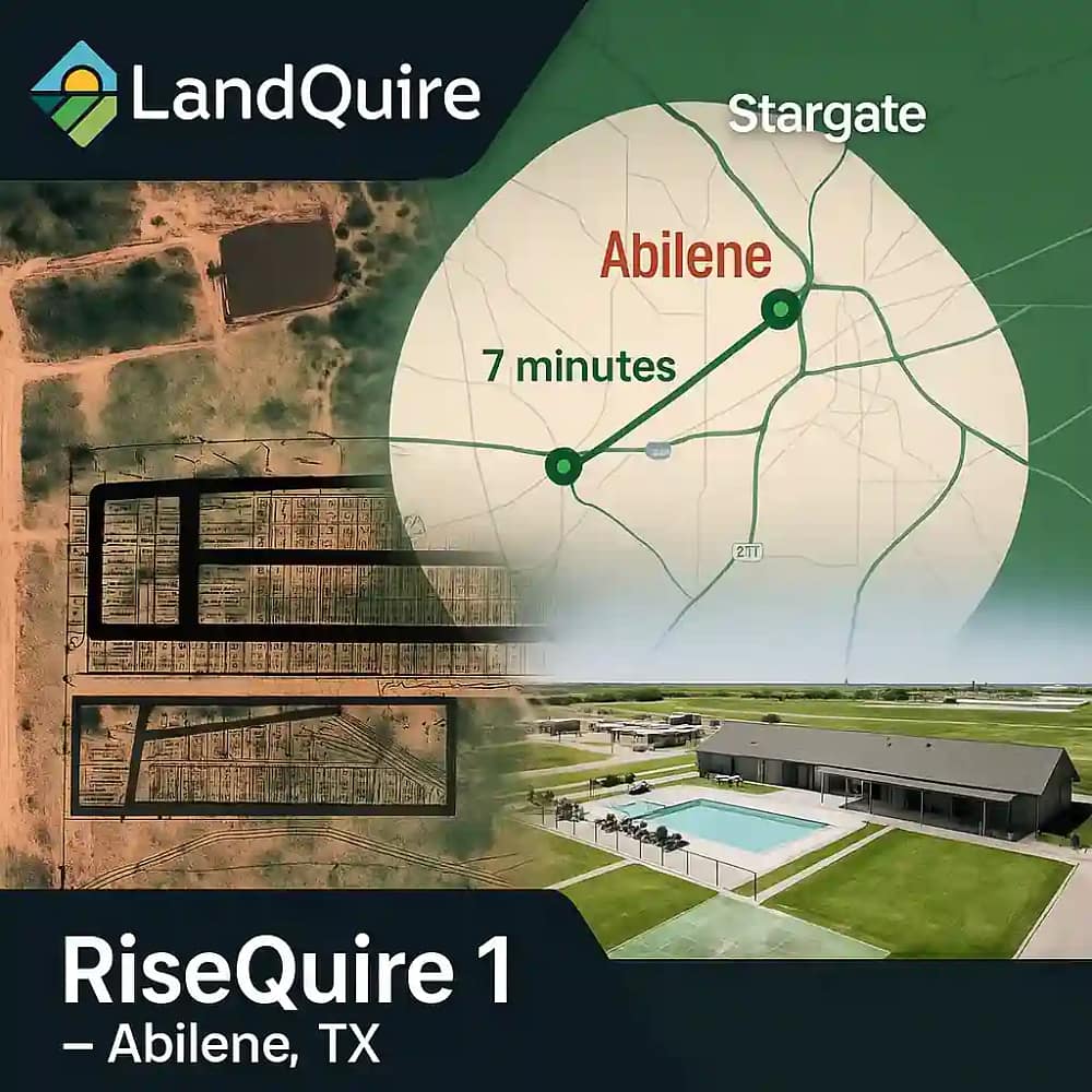 Projeto de investimento em terrenos no Texas: RiseQuire 1 em Abilene, a 7 minutos do Stargate, planta do lote, piscina e mapa