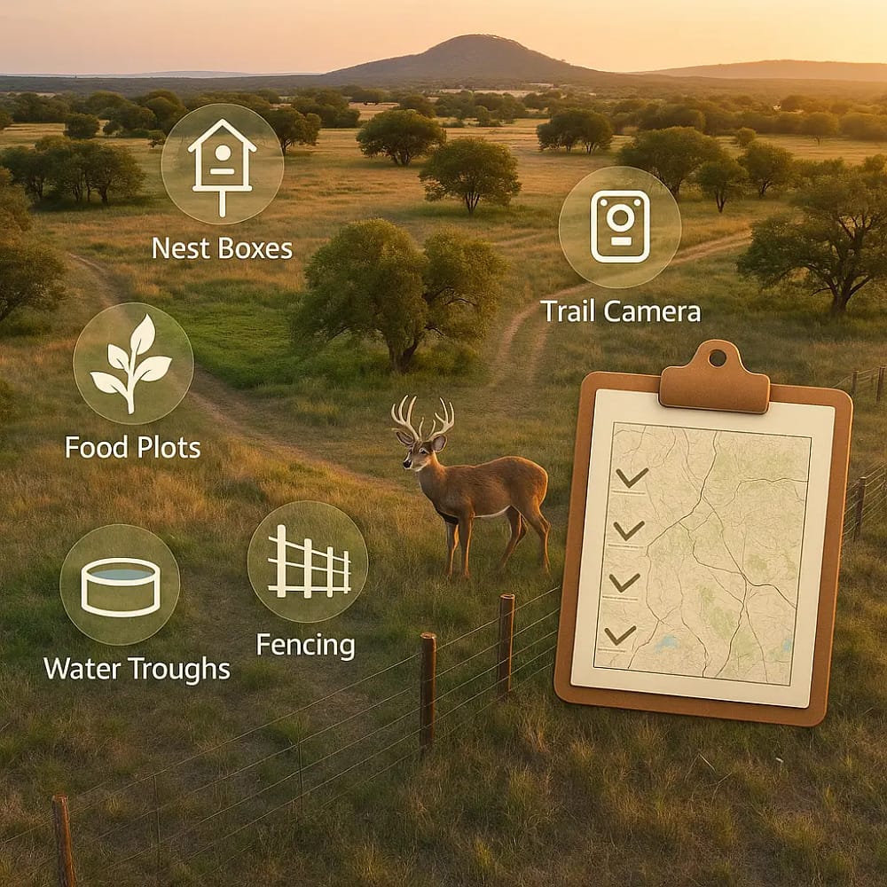 Plano de manejo da vida selvagem no Texas ilustrando o manejo da vida selvagem com cercas, bebedouros, caixas-ninho e armadilhas fotográficas