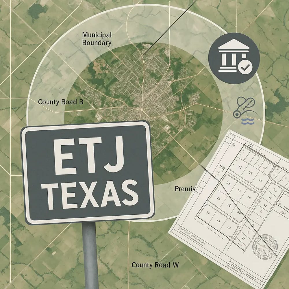ETJ Texas: mapa aéreo com perímetro extraterritorial, planta do lote, estradas do condado e pictogramas de permissão