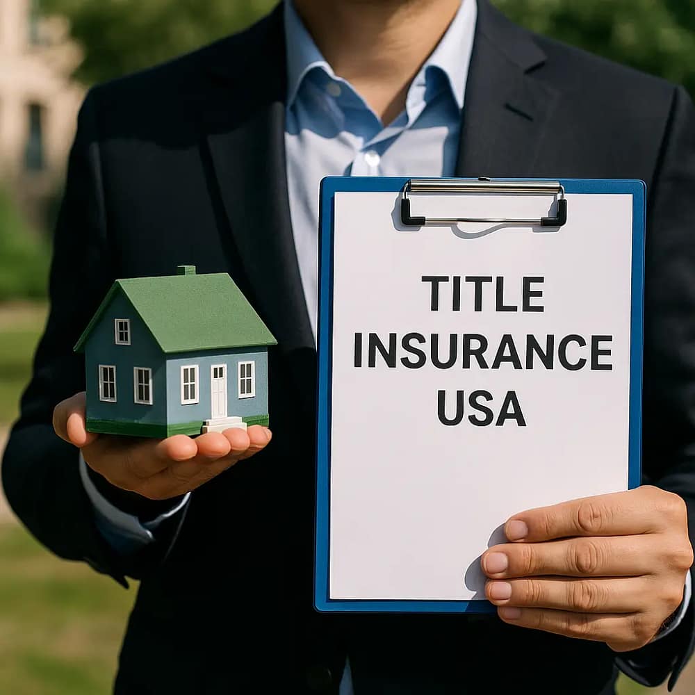 Seguro de título nos EUA – contrato imobiliário americano com carimbo notarial e mapa do Texas em uma mesa profissional