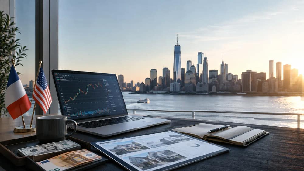 Investing in the U.S. from France: French and American flags, euro and dollar bills with Manhattan in the background