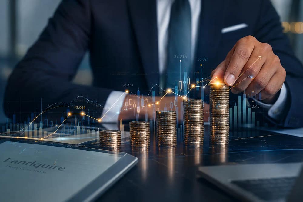 Dans quoi investir en 2026 : piles de pièces de plus en plus hautes et courbes boursières sur le bureau d'un investisseur