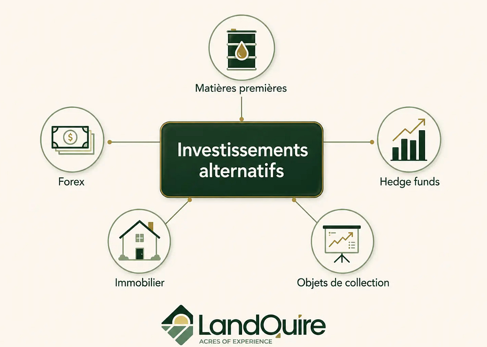Schéma des types d'investissements alternatifs : immobilier, terres, matières premières, hedge funds, objets de collection