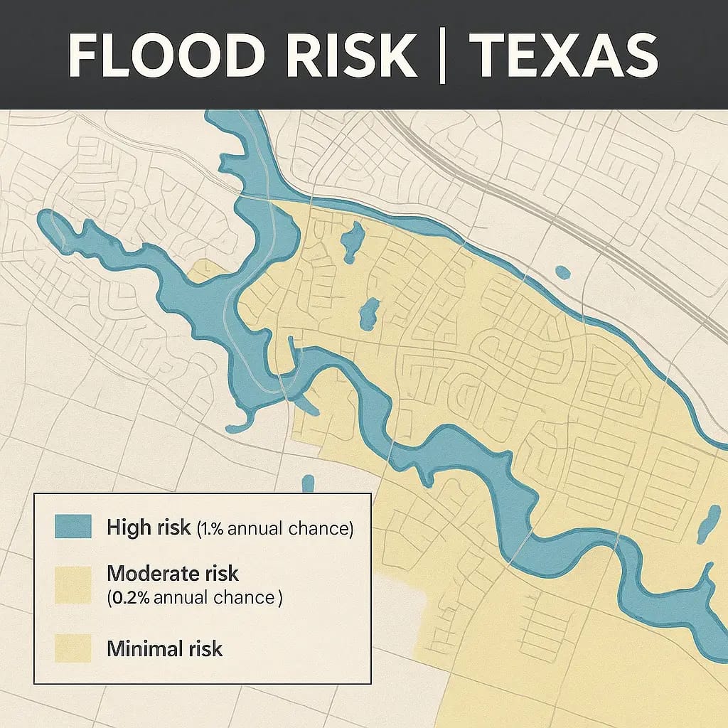 Bandeiras vermelhas Mapa de zoneamento do Texas e zonas de inundação para a compra de terrenos