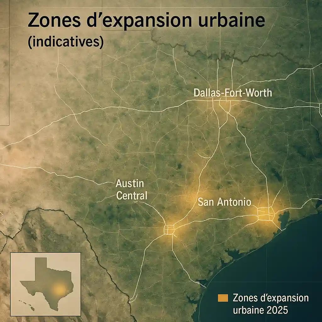 Servidões de terra no Texas: mapa do Texas com as zonas de expansão urbana de 2025 (DFW, Austin, San Antonio, Houston)