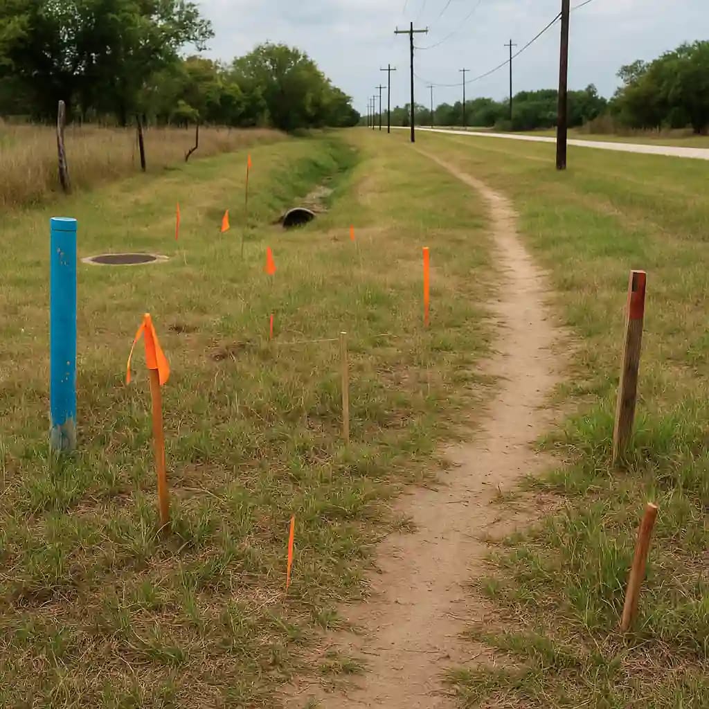 foto de campo mostrando pistas visuais (estacas de pesquisa, marcações de serviços públicos, valas de drenagem, postes de eletricidade)