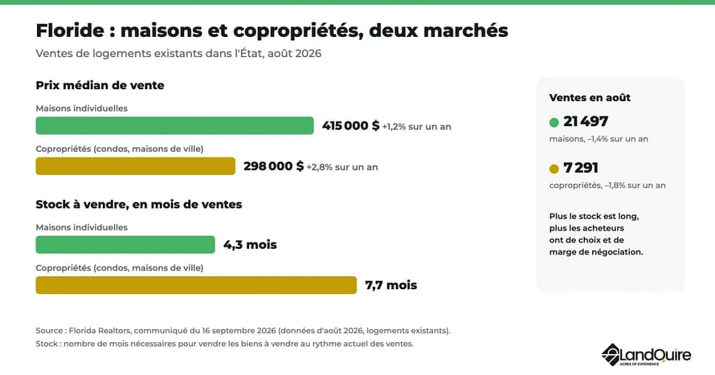 Marché immobilier en Floride en septembre 2026 : prix médian de 415 000 $ pour une maison et de 293 500 $ pour une copropriété, stock de 4,4 et 7,7 mois de ventes