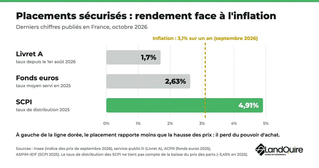 Rendement du Livret A, des fonds euros et des SCPI comparé à l'inflation en France en 2026