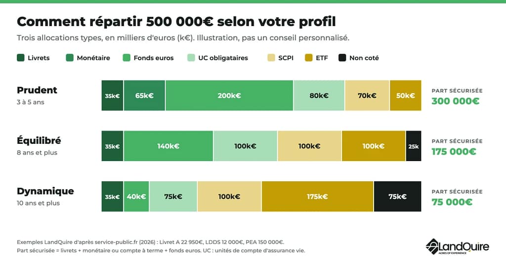 Comment répartir 500 000€ : profil prudent avec 300 000€ sécurisés, profil équilibré avec 175 000€ sécurisés et 25 000€ de non coté, profil dynamique avec 175 000€ en ETF et 75 000€ de non coté