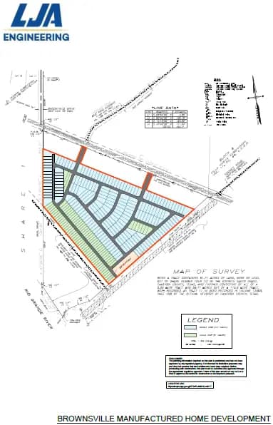 Planta do projeto Brownsville Manufactured Home Development com divisão dos lotes e traçados técnicos realizados pela LJA Engineering.